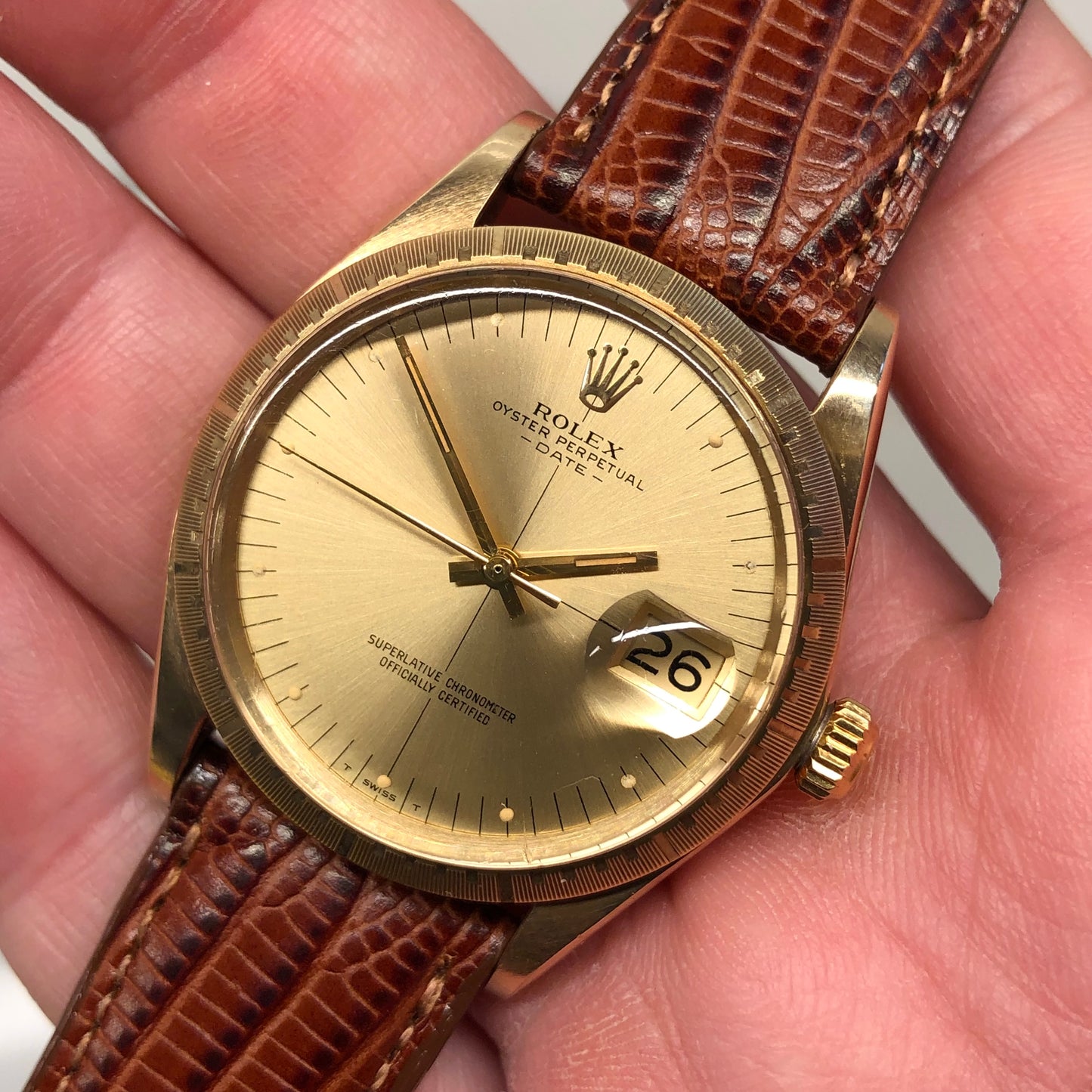 1973 Rolex Date 1512 Zephyr Oyster Perpetual Crosshair 14K Yellow Gold Wristwatch Unpolished - HASHTAGWATCHCO