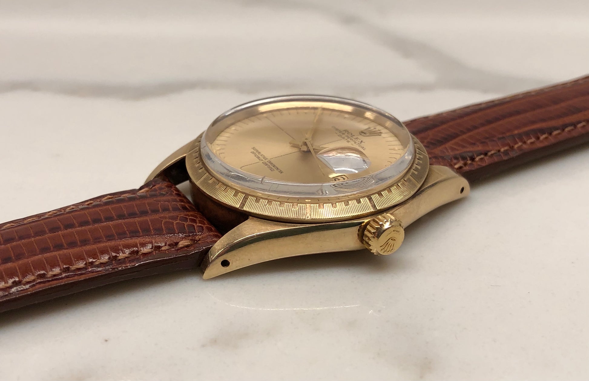 1973 Rolex Date 1512 Zephyr Oyster Perpetual Crosshair 14K Yellow Gold Wristwatch Unpolished - HASHTAGWATCHCO