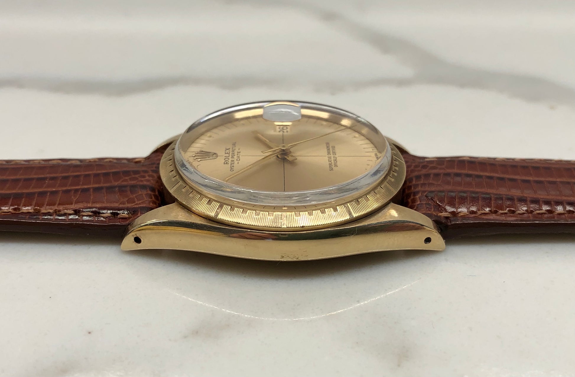 1973 Rolex Date 1512 Zephyr Oyster Perpetual Crosshair 14K Yellow Gold Wristwatch Unpolished - HASHTAGWATCHCO
