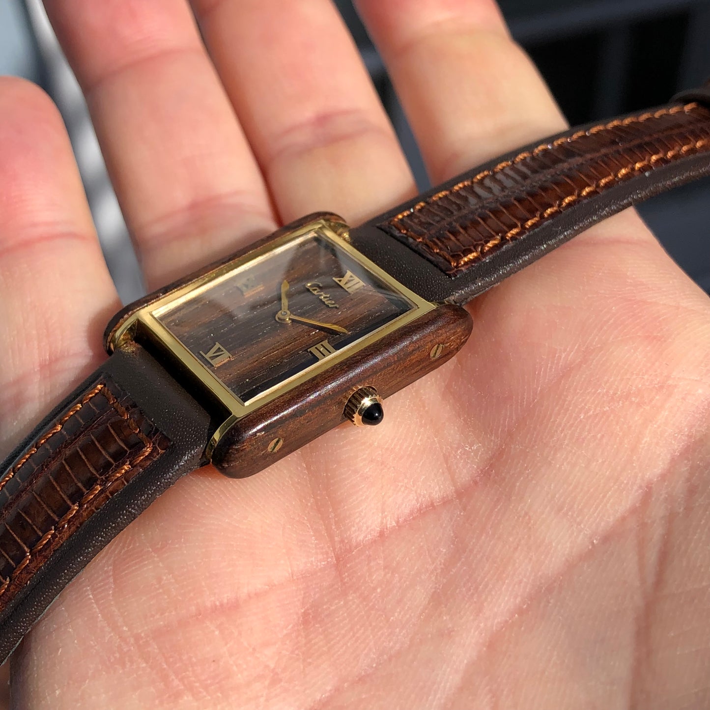 1975 Cartier Tank Palissandre de Rio 20611 Manual Wind Wood Wristwatch - HASHTAGWATCHCO