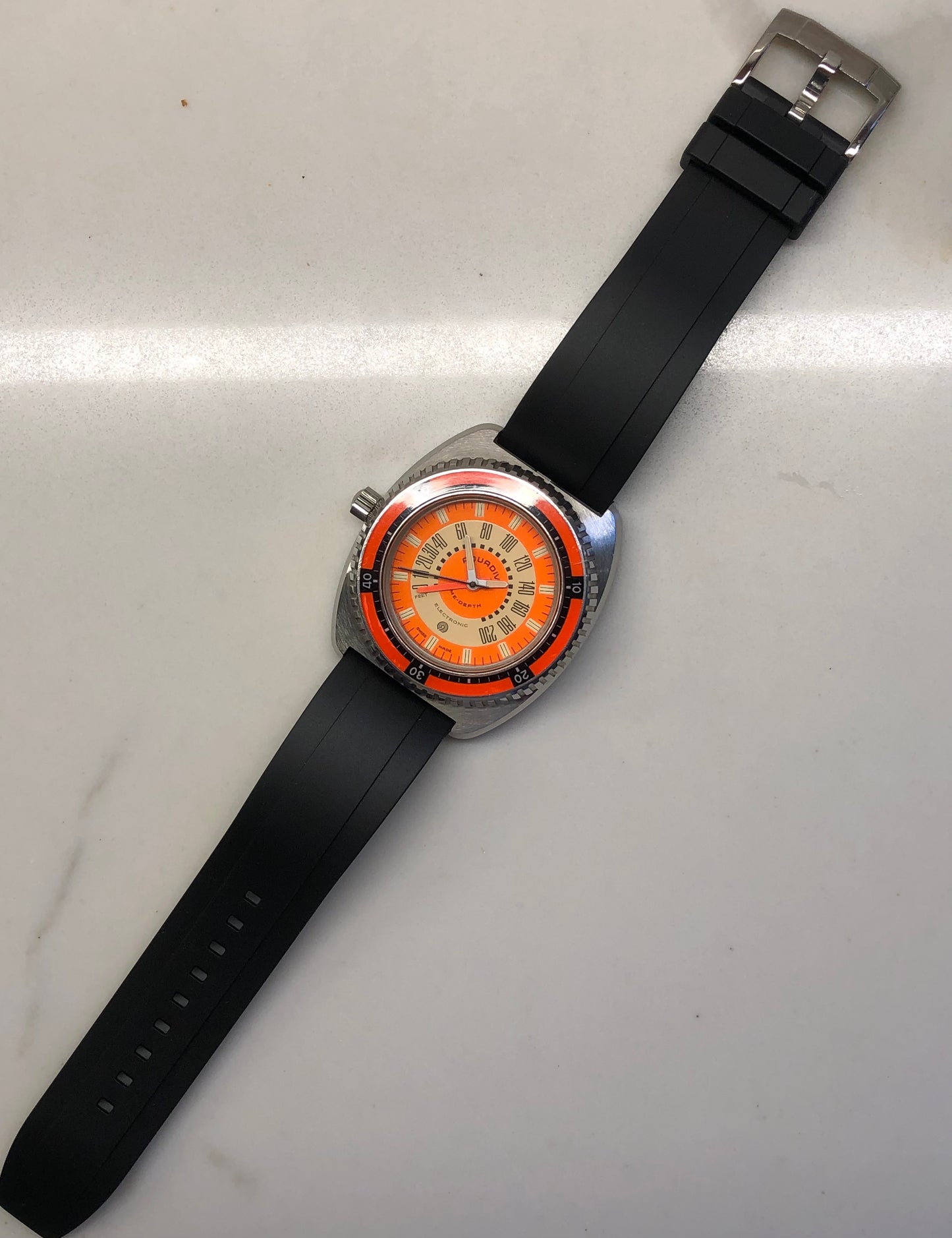 1970s Aquadive Time-Depth Gauge Orange Combination Electronic Steel Vintage Diving Wristwatch - HASHTAGWATCHCO