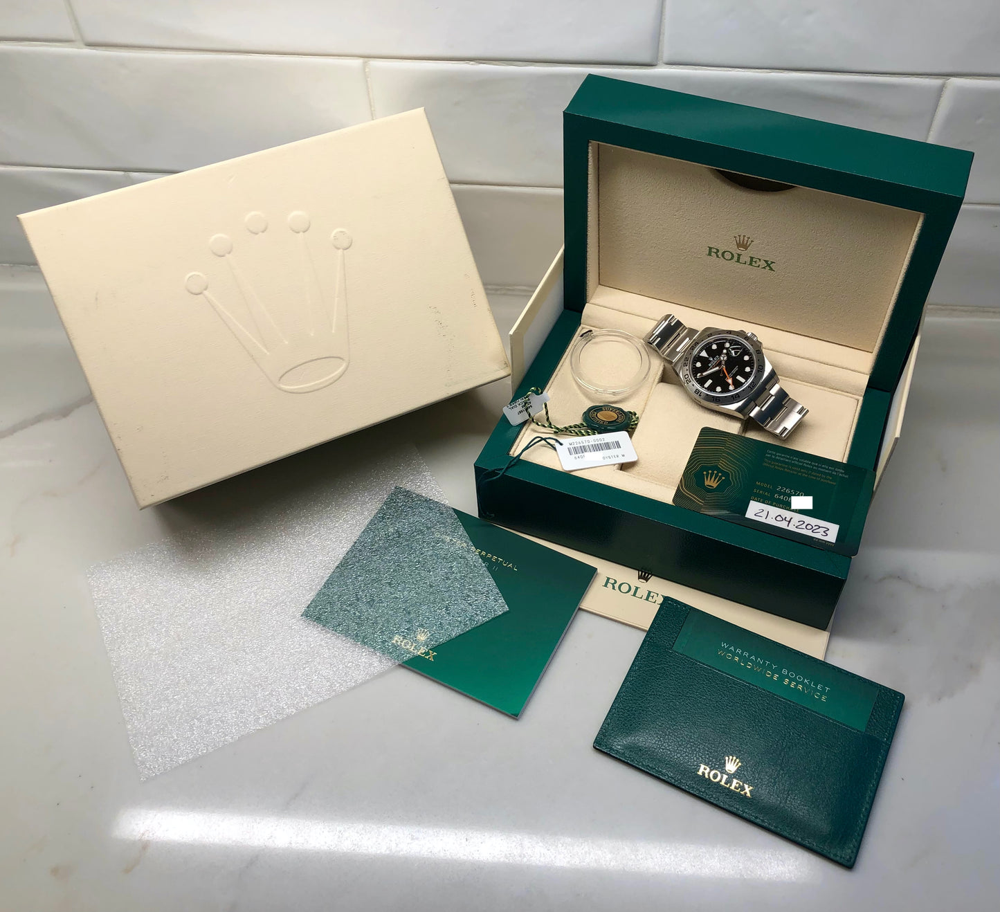 2023 Rolex Explorer II 226570 Black Stainless Steel Wristwatch with Box and Papers Wrapped Unworn - HASHTAGWATCHCO