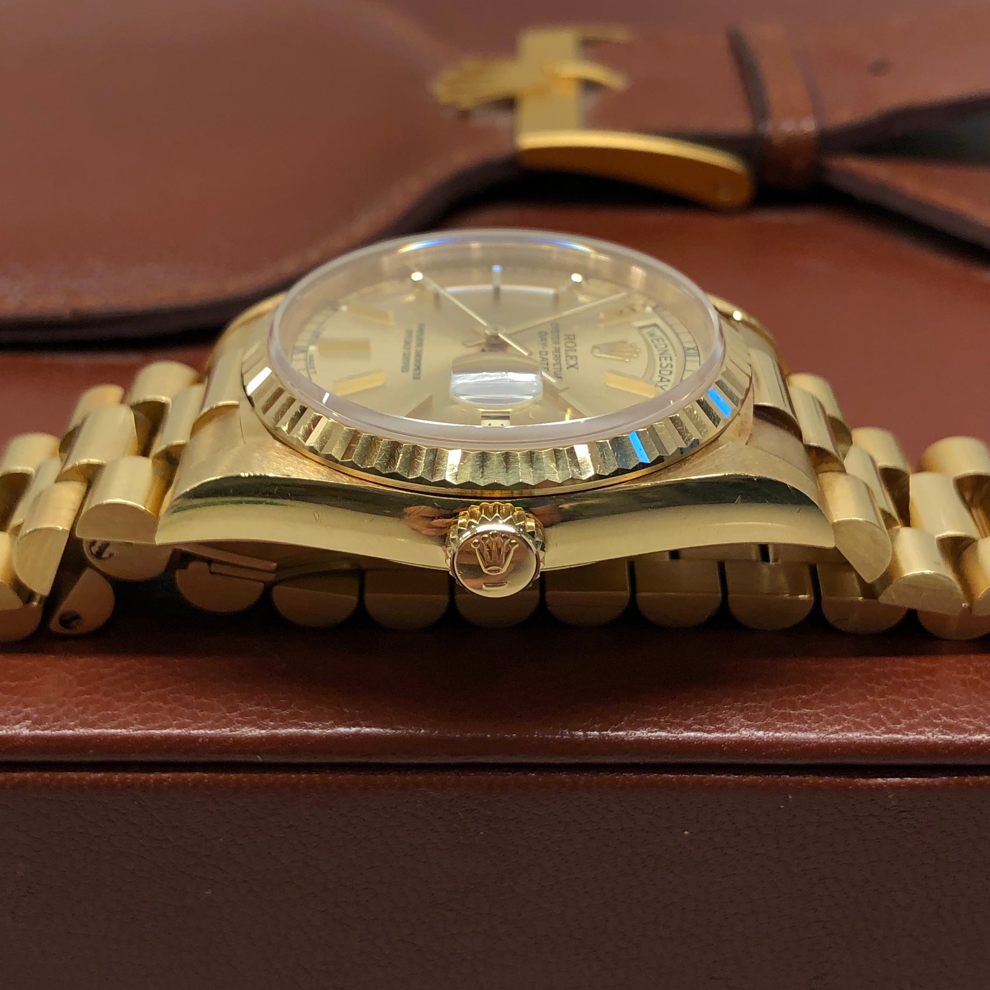 1989 Rolex President 18238 Day Date 18K Yellow Gold Champagne Dial Wristwatch with Box and Papers GREAT Story - HASHTAGWATCHCO