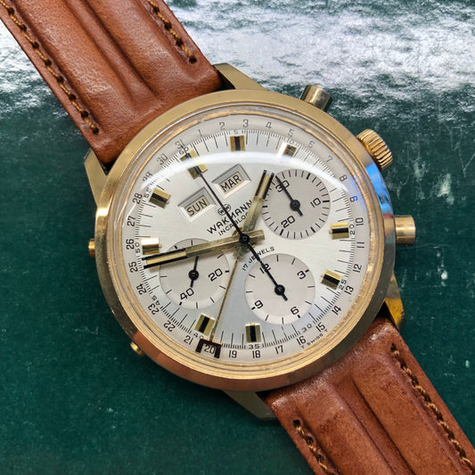 1960s Wakmann Incabloc Chronograph Jumbo Triple Date 71.1311.21 Valjoux 730 Wristwatch - HASHTAGWATCHCO