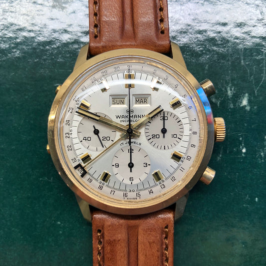 1960s Wakmann Incabloc Chronograph Jumbo Triple Date 71.1311.21 Valjoux 730 Wristwatch - HASHTAGWATCHCO