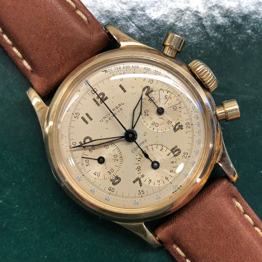 1950s Universal Geneve Compax 52215 Chronograph 14K Yellow Gold Caliber 281 Wristwatch - HASHTAGWATCHCO