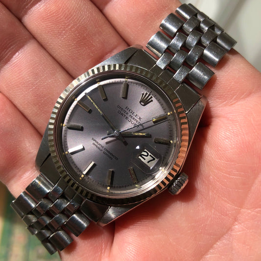 1970 Rolex Datejust 1601 Lavender Dial Steel Jubilee Fluted Automatic Wristwatch - HASHTAGWATCHCO