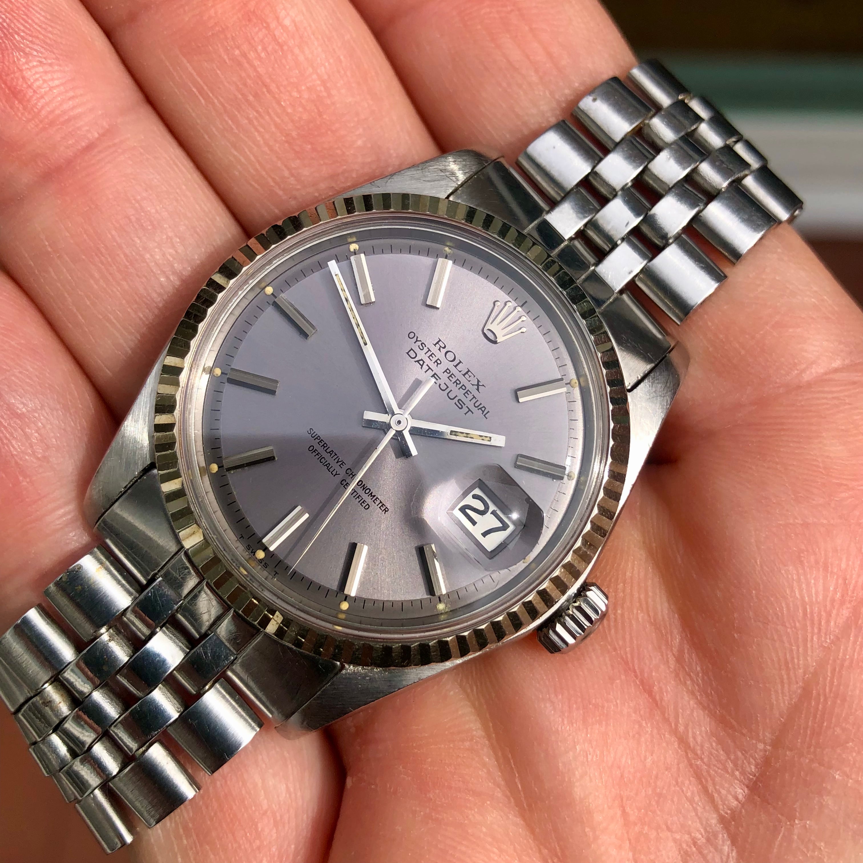 1970 Rolex Datejust 1601 Lavender Dial Steel Jubilee Fluted
