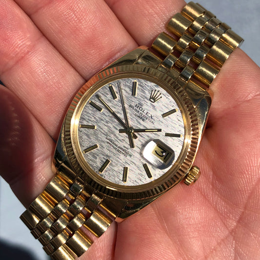 1980 Rolex Date 1503 14K Yellow Gold Silver Mosaic Dial Automatic Wristwatch - HASHTAGWATCHCO