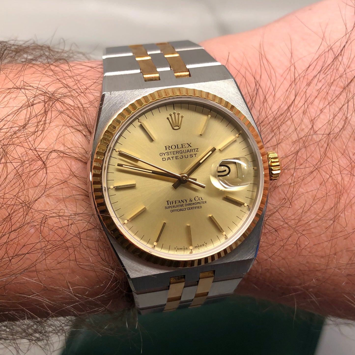 1986 Rolex Datejust Oysterquartz 17013 Two Tone Tiffany & Co. Champagne Dial Wristwatch - HASHTAGWATCHCO