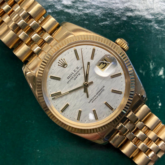 1980 Rolex Date 1503 14K Yellow Gold Silver Mosaic Dial Automatic Wristwatch - HASHTAGWATCHCO