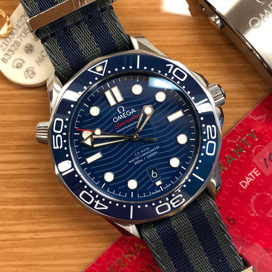 2022 OMEGA Seamaster 300M Co-Axial Master Chronometer 210.30.42.20.03.001 Blue Dial Wristwatch with Box and Papers - HASHTAGWATCHCO