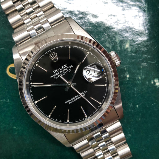 1996 Rolex Datejust 16234 Black "Silver Text" Chapter Ring Jubilee Automatic Wristwatch - HASHTAGWATCHCO