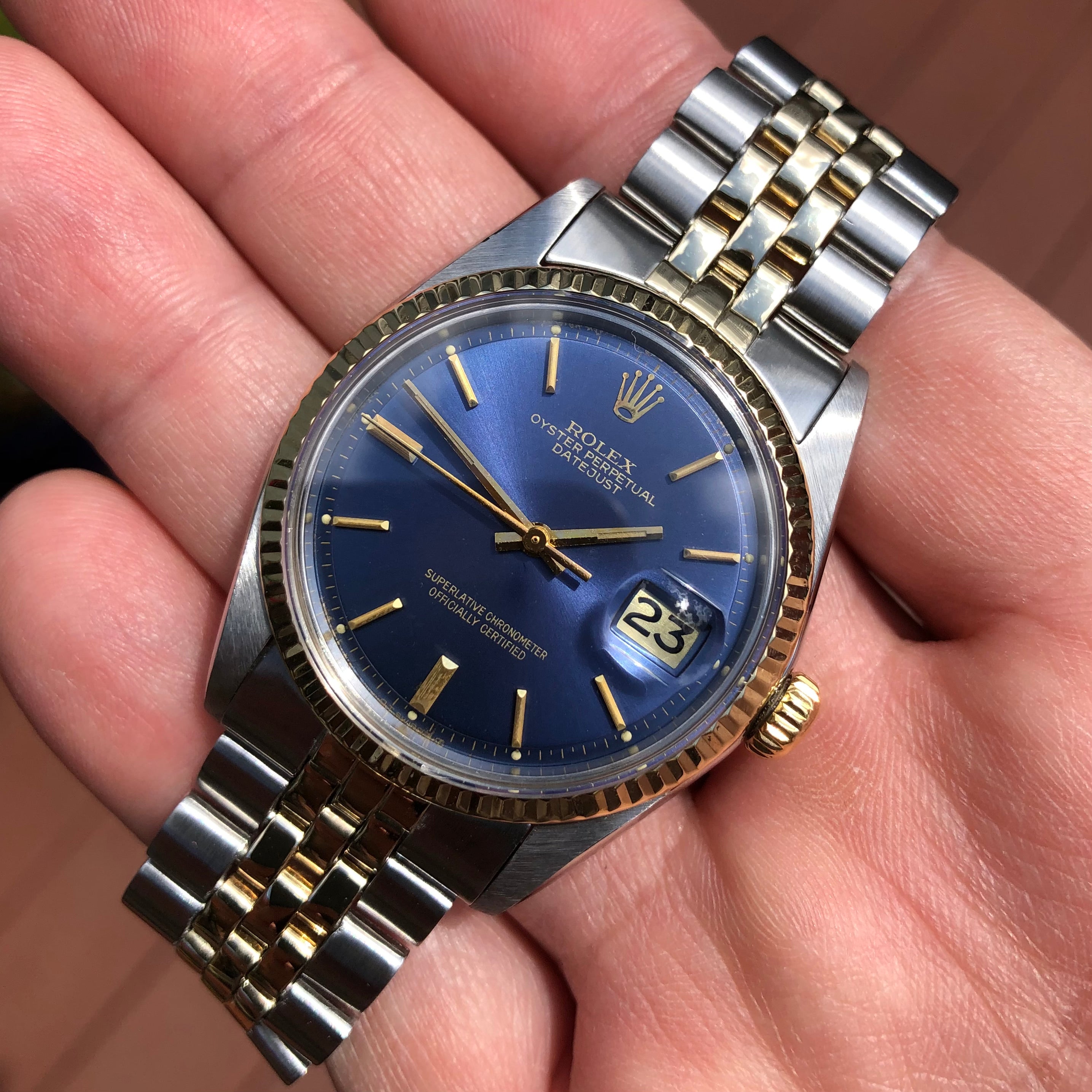 1974 Datejust 1601 Blue Sigma Dial Tone Logo Jubilee Wristwatch | HashtagWatchCo