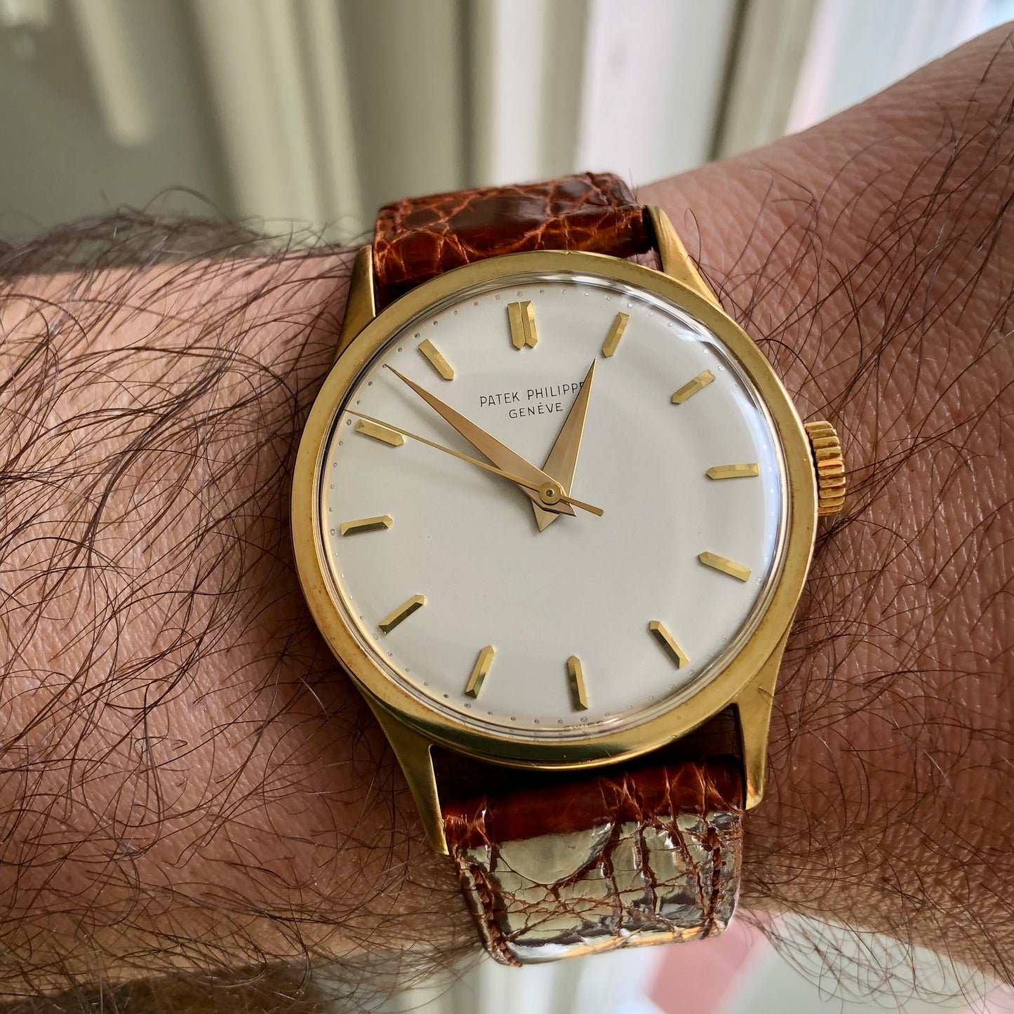 1956 Patek Philippe Calatrava 570 18K Yellow Gold Silver Dial Wristwatch with Archive - HASHTAGWATCHCO