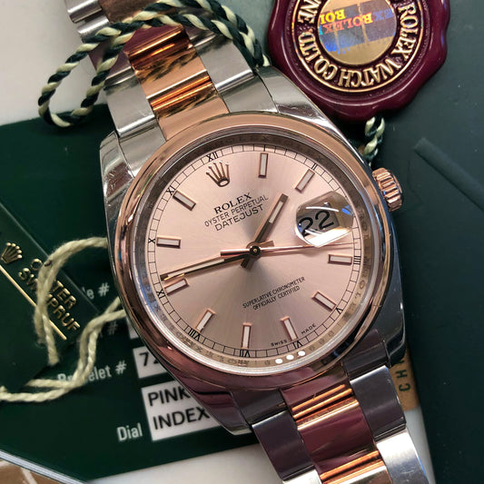 2008 Rolex Datejust 116201 Pink Dial Rose Gold Two Tone Oyster Wristwatch with Papers - HASHTAGWATCHCO