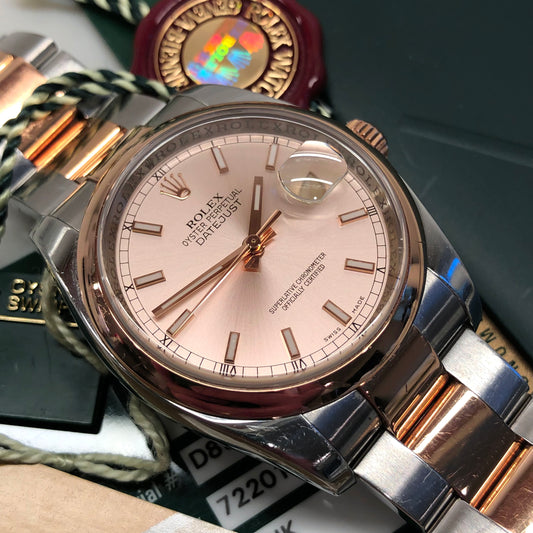 2008 Rolex Datejust 116201 Pink Dial Rose Gold Two Tone Oyster Wristwatch with Papers - HASHTAGWATCHCO