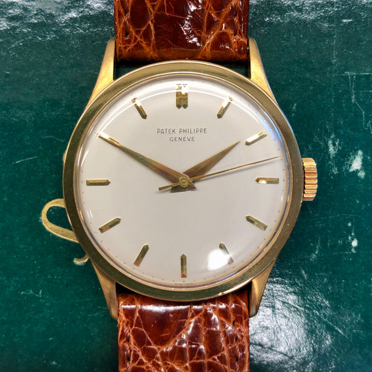 1956 Patek Philippe Calatrava 570 18K Yellow Gold Silver Dial Wristwatch with Archive - HASHTAGWATCHCO