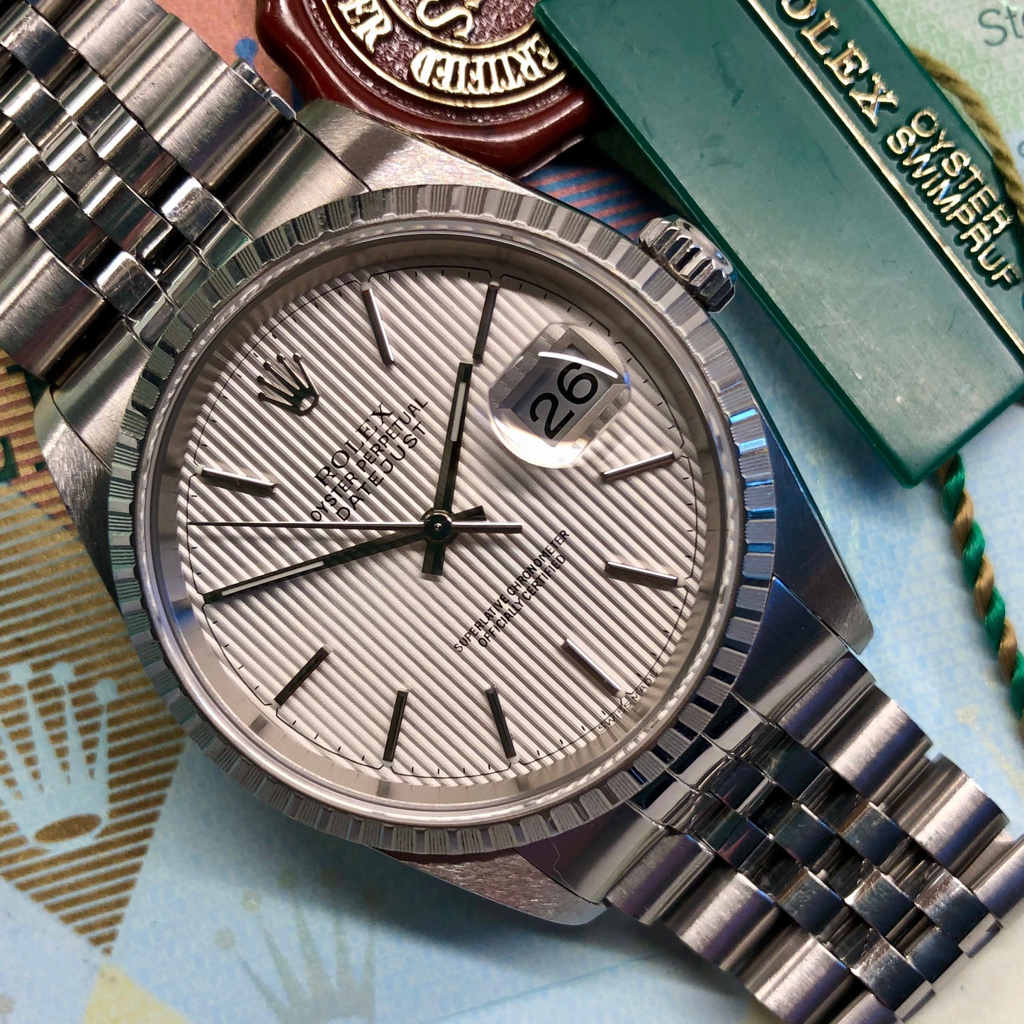 2002 Rolex Datejust 16220 Silver Tapestry Steel Jubilee Wristwatch with Box and Papers - HASHTAGWATCHCO