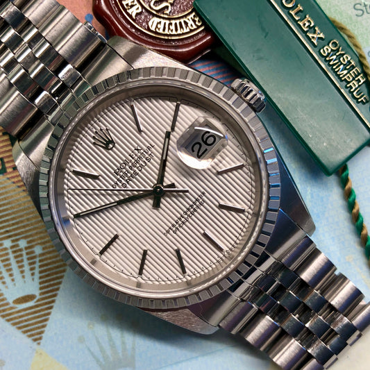 2002 Rolex Datejust 16220 Silver Tapestry Steel Jubilee Wristwatch with Box and Papers - HASHTAGWATCHCO