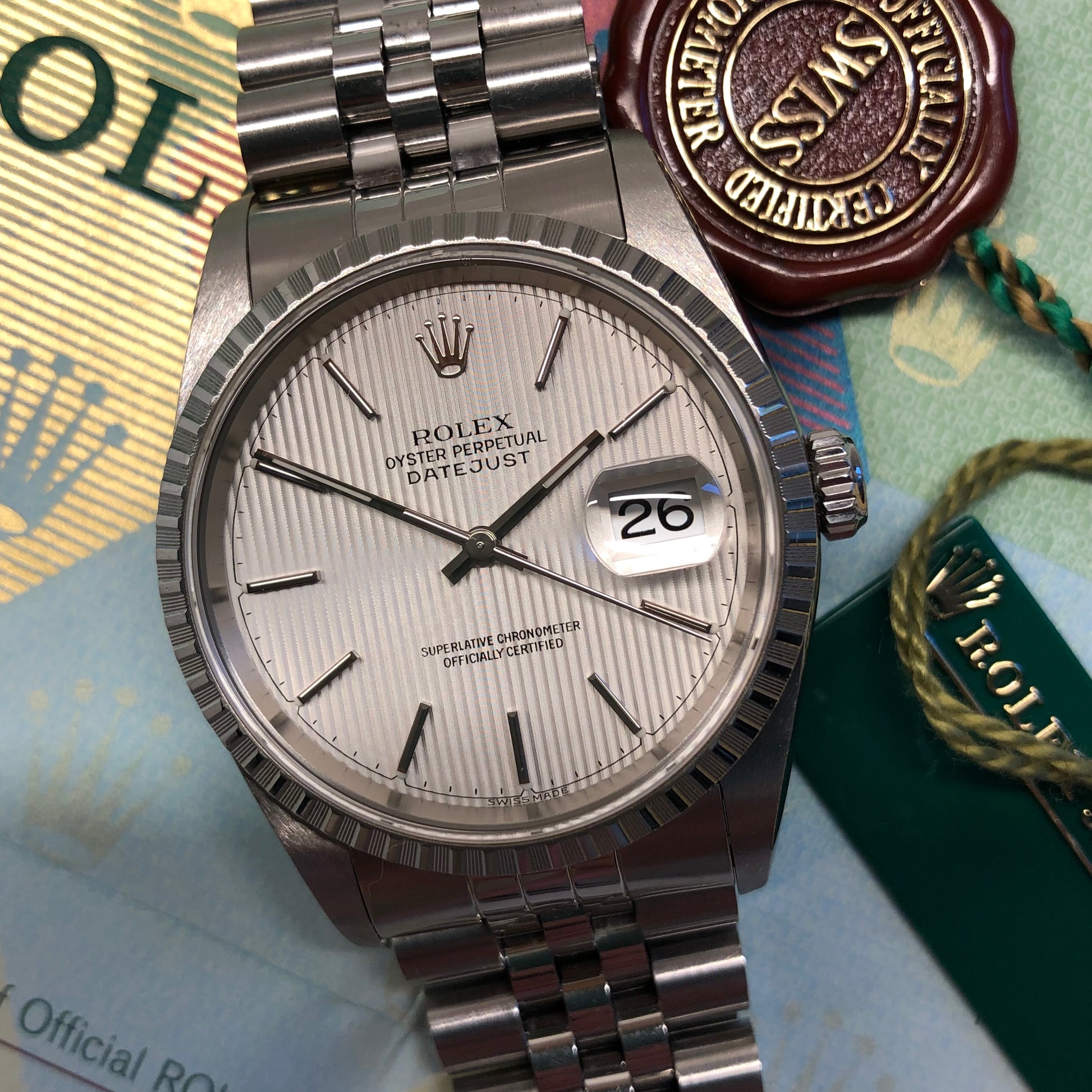 2002 Rolex Datejust 16220 Silver Tapestry Steel Jubilee Wristwatch with Box and Papers - HASHTAGWATCHCO