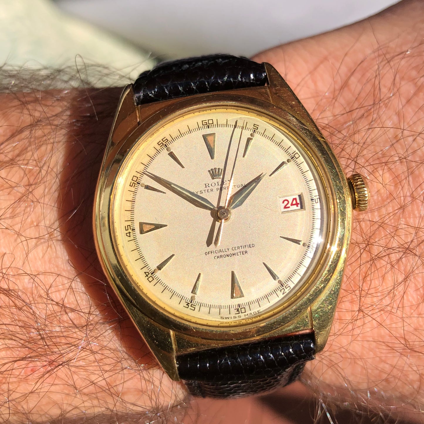 1949 Rolex Ovettone 5030 18K Yellow Gold Oyster Perpetual Chronometer Roulette Wristwatch - HASHTAGWATCHCO