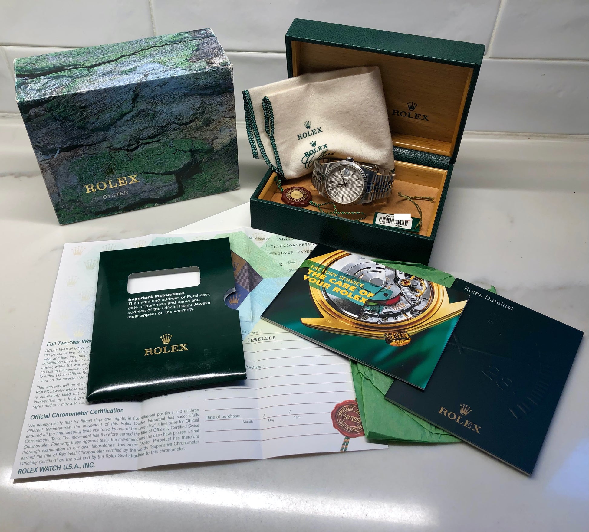 2002 Rolex Datejust 16220 Silver Tapestry Steel Jubilee Wristwatch with Box and Papers - HASHTAGWATCHCO