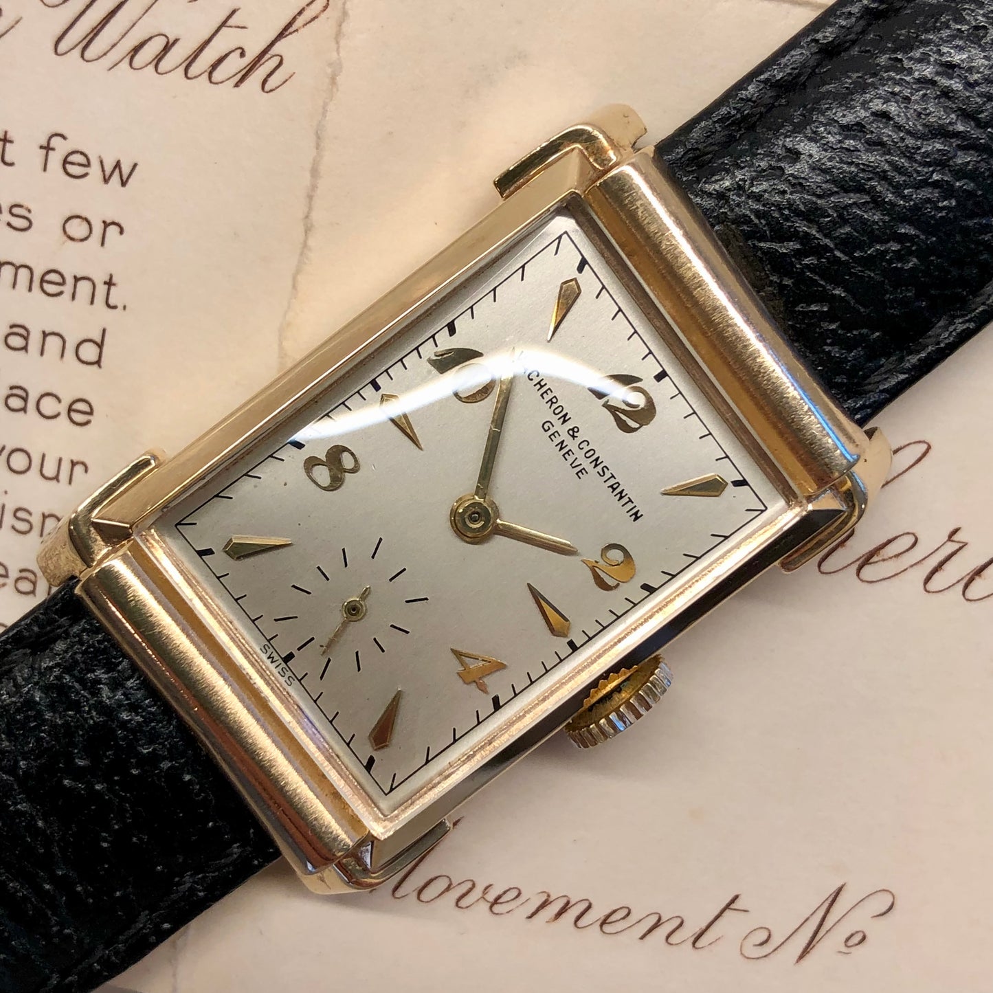1945 Vacheron & Constantin 14K Yellow Gold Rectangular Fancy Lugs 435/3C Wristwatch with Box and Guarantee Papers - HASHTAGWATCHCO