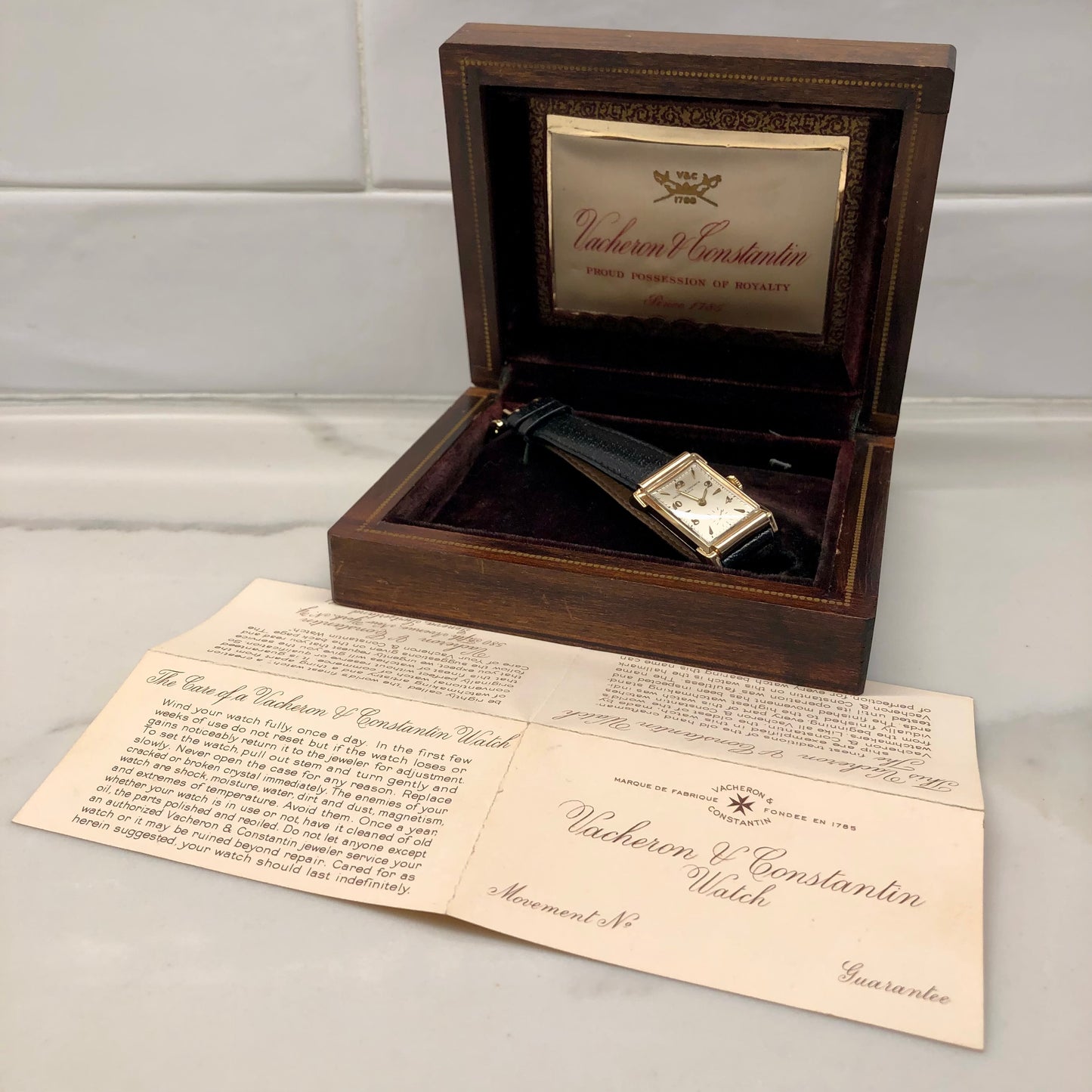 1945 Vacheron & Constantin 14K Yellow Gold Rectangular Fancy Lugs 435/3C Wristwatch with Box and Guarantee Papers - HASHTAGWATCHCO