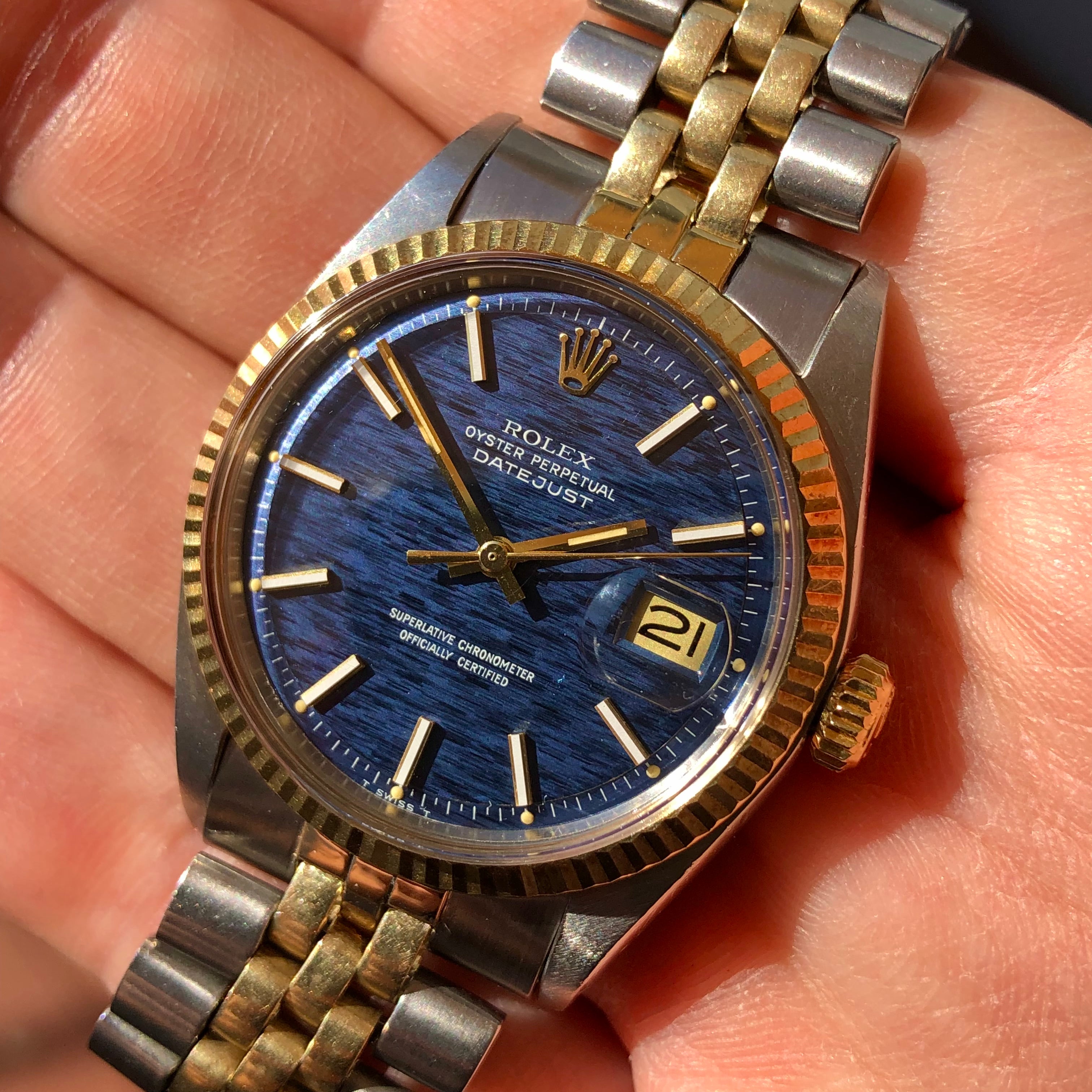 1972 Rolex Datejust 1601 Blue Mosaic Dial Two Tone Jubilee Fluted