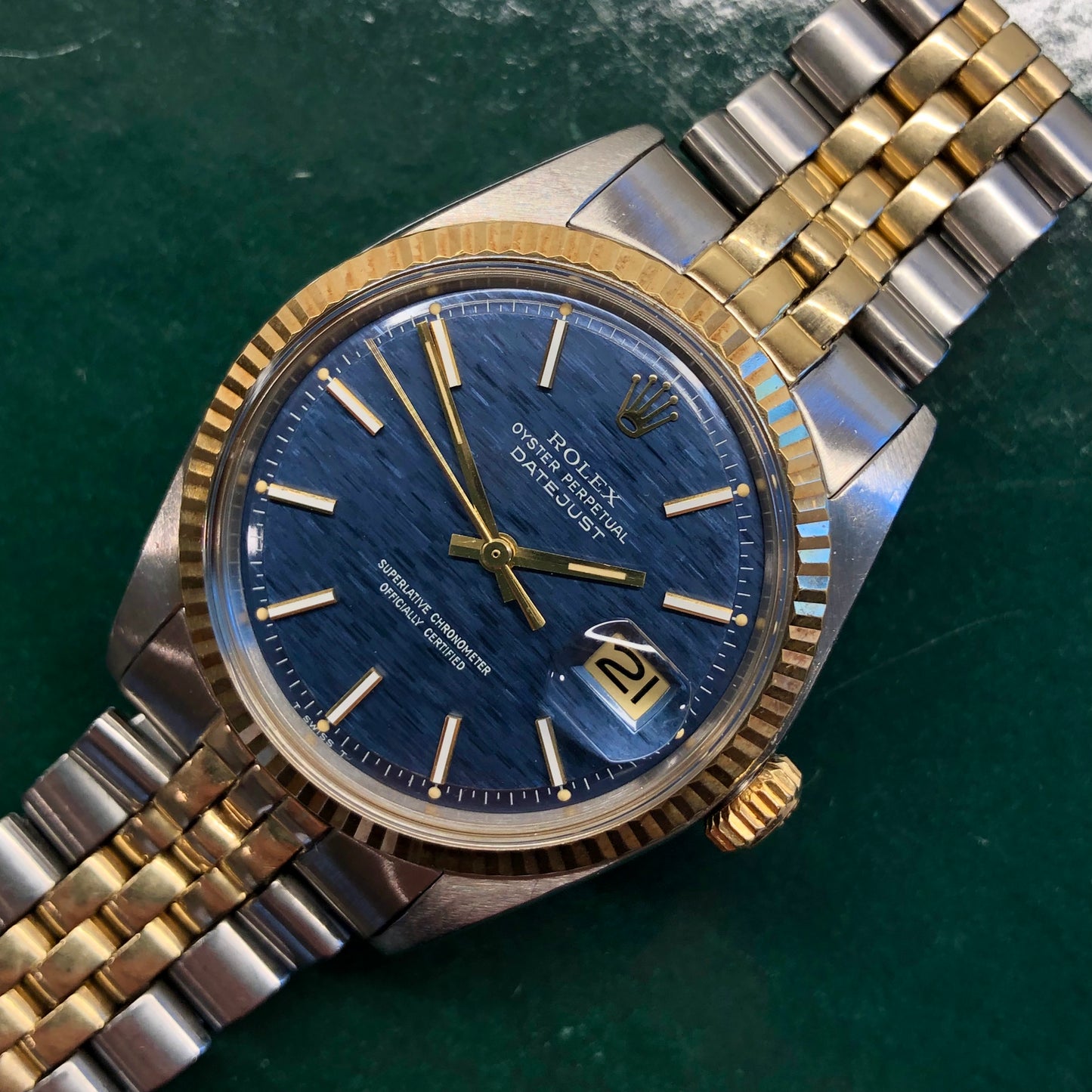 1972 Rolex Datejust 1601 Blue Mosaic Dial Two Tone Jubilee Fluted Automatic Wristwatch - HASHTAGWATCHCO