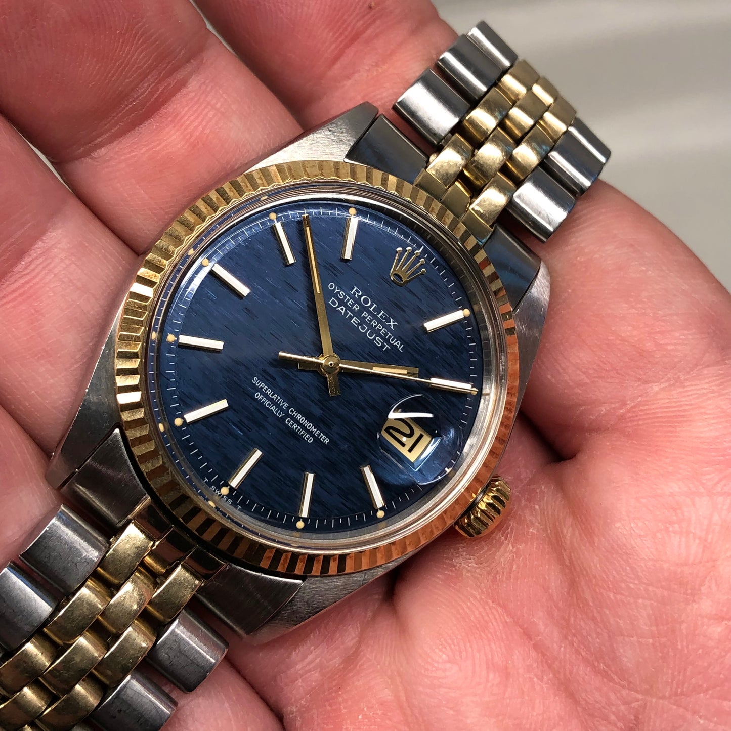 1972 Rolex Datejust 1601 Blue Mosaic Dial Two Tone Jubilee Fluted Automatic Wristwatch - HASHTAGWATCHCO