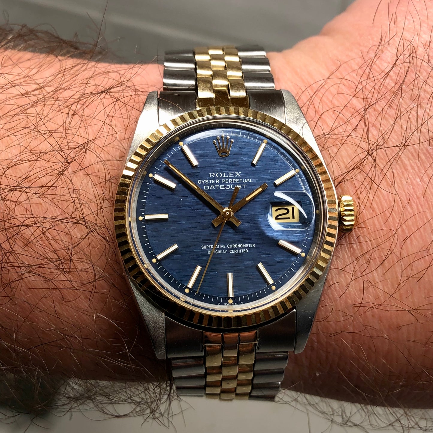 1972 Rolex Datejust 1601 Blue Mosaic Dial Two Tone Jubilee Fluted Automatic Wristwatch - HASHTAGWATCHCO