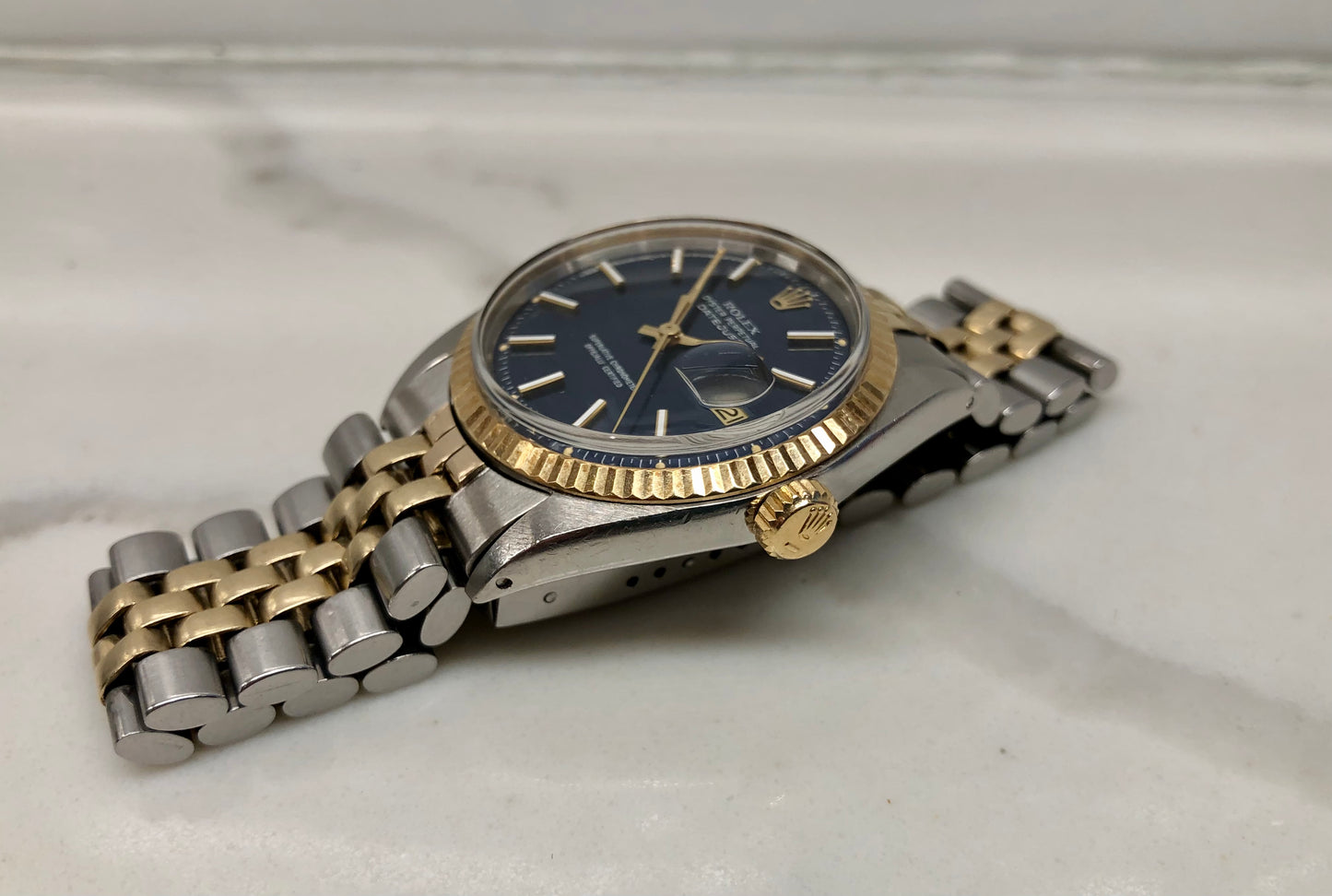 1972 Rolex Datejust 1601 Blue Mosaic Dial Two Tone Jubilee Fluted Automatic Wristwatch - HASHTAGWATCHCO