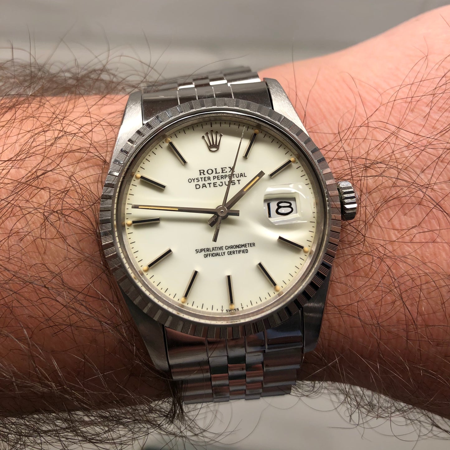 1984 Rolex Datejust 16030 Steel White Porcelain Engine Turned Automatic Wristwatch - HASHTAGWATCHCO