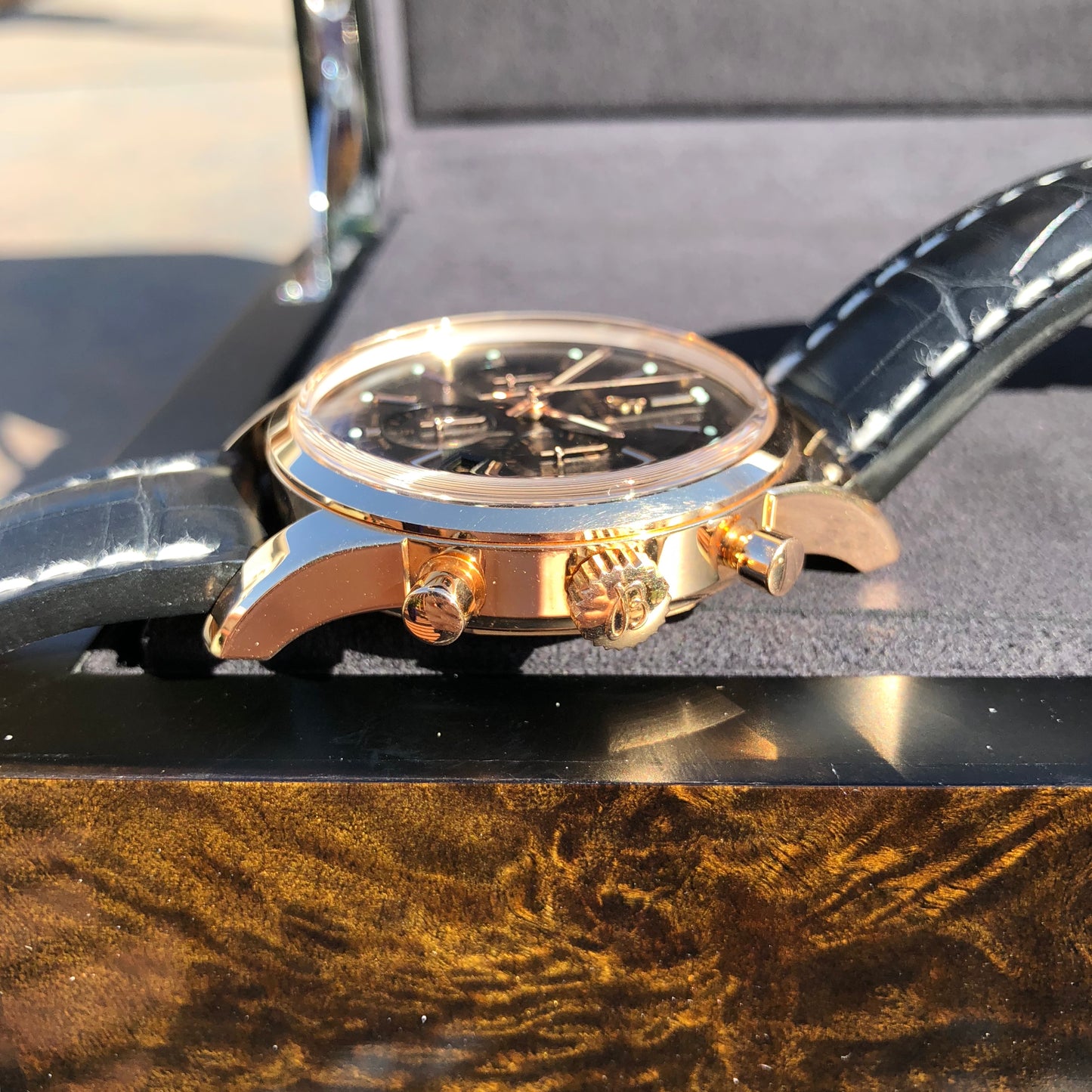 Breitling Transocean RB015212 18K Rose Gold Chronograph Black Dial Wristwatch Box Papers - Hashtag Watch Company