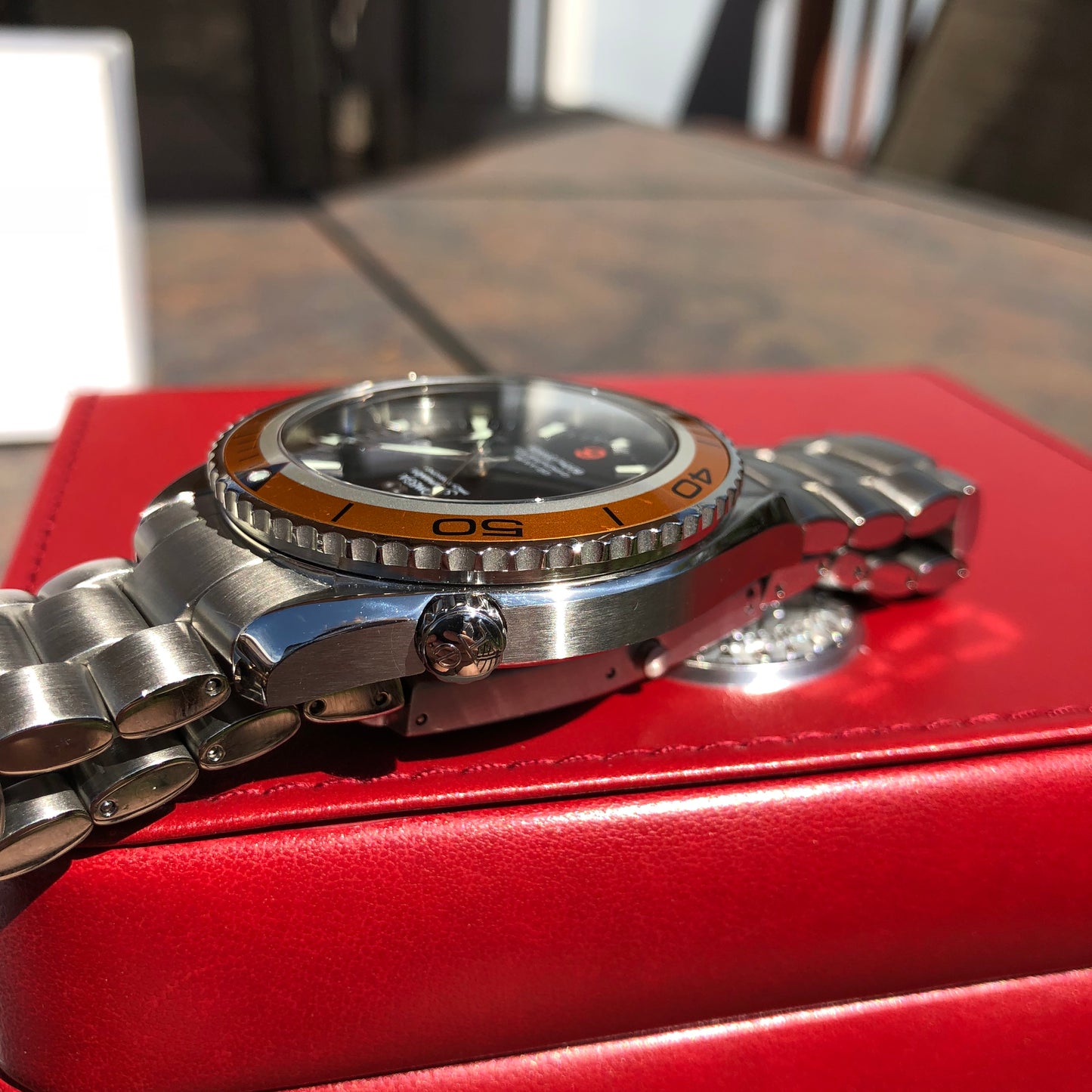 Omega Seamaster 2208.50 Orange Bezel 45.5mm Co-Axial Steel Wristwatch Box & Papers - Hashtag Watch Company