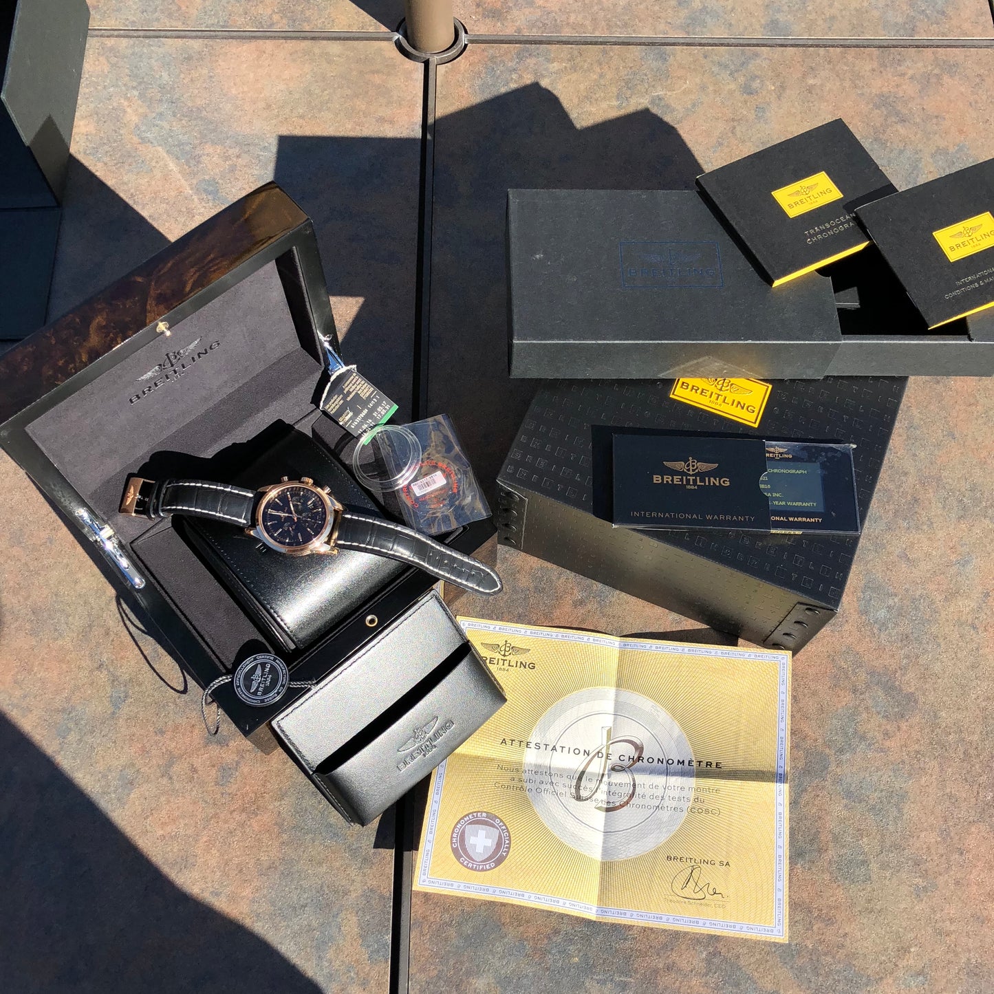 Breitling Transocean RB015212 18K Rose Gold Chronograph Black Dial Wristwatch Box Papers - Hashtag Watch Company