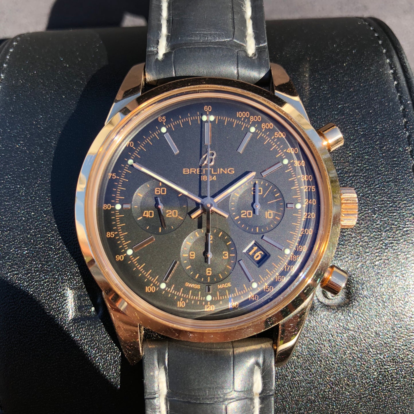 Breitling Transocean RB015212 18K Rose Gold Chronograph Black Dial Wristwatch Box Papers - Hashtag Watch Company