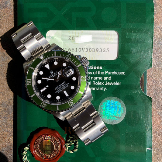 Rolex Submariner 16610V 50th Anniversary Green Kermit Z Serial Wristwatch Box Papers Circa 2006 - Hashtag Watch Company