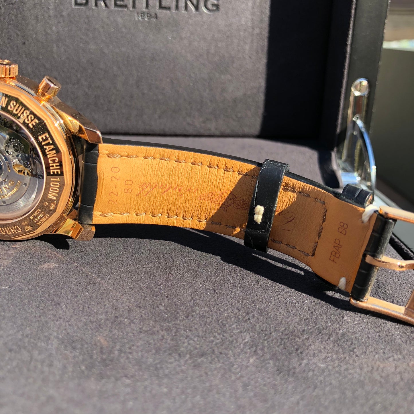 Breitling Transocean RB015212 18K Rose Gold Chronograph Black Dial Wristwatch Box Papers - Hashtag Watch Company