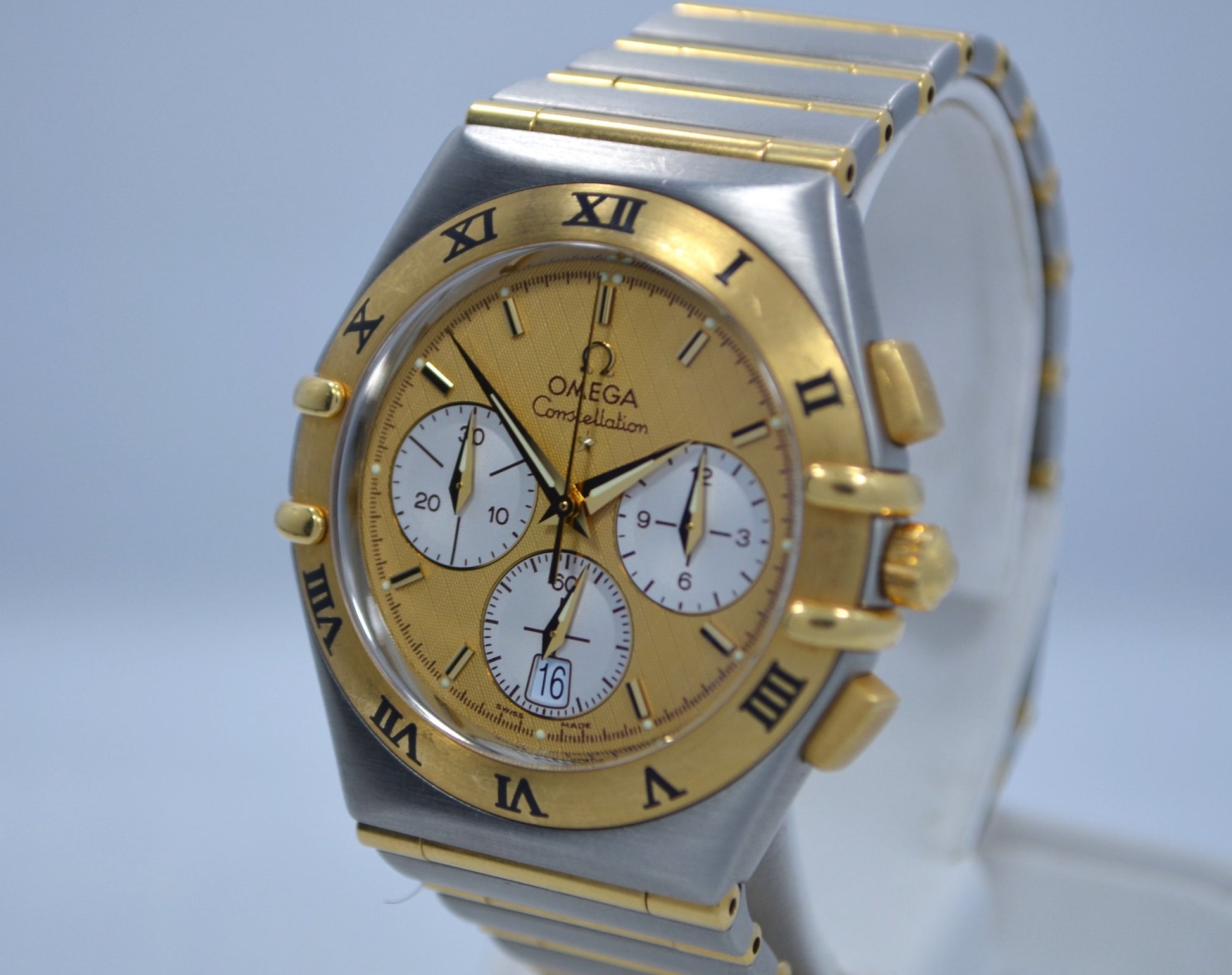 Omega Constellation Two Tone Chronograph Steel 18K Gold Full Bar Quartz Watch - Hashtag Watch Company