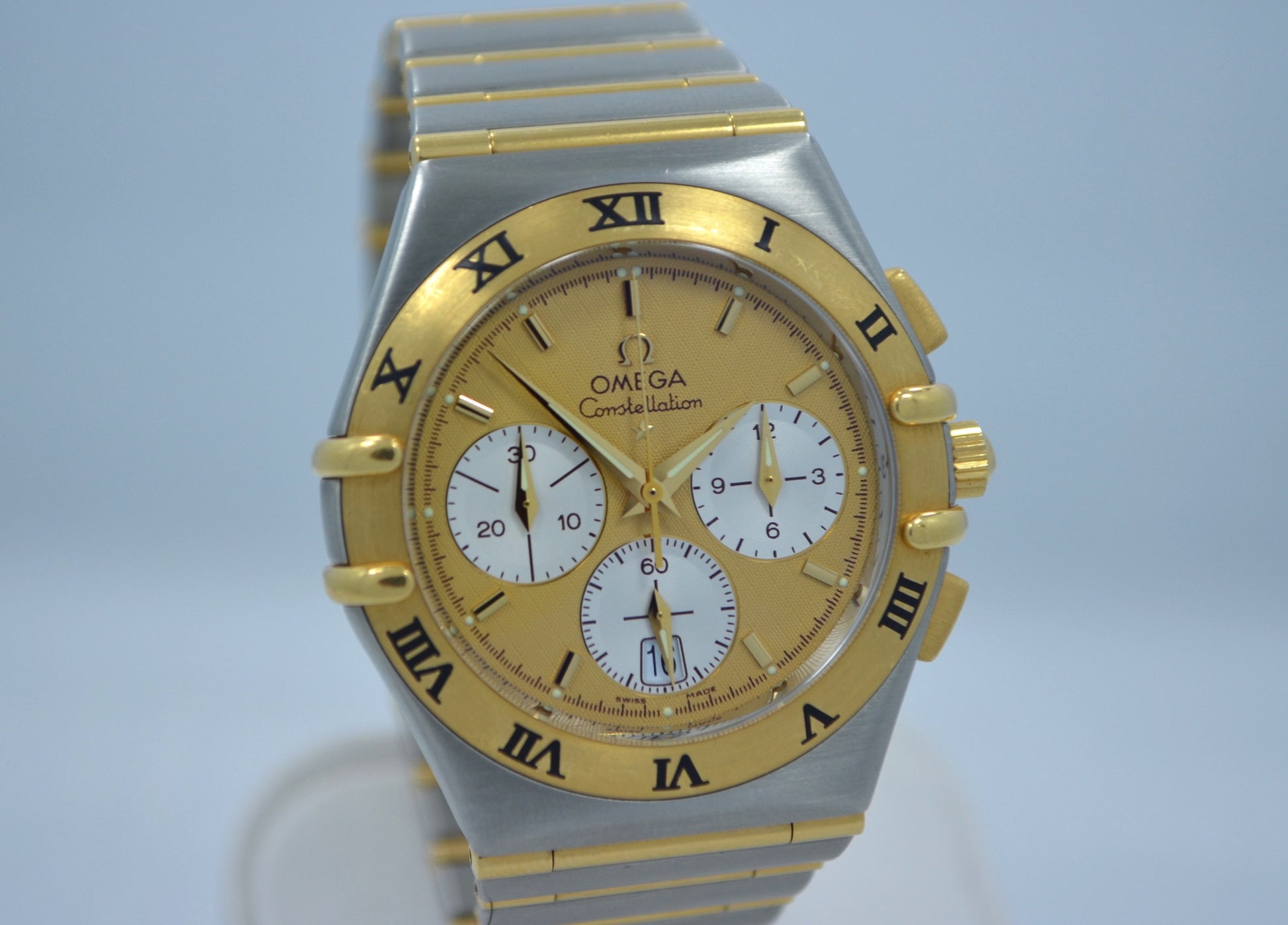 Omega Constellation Two Tone Chronograph Steel 18K Gold Full Bar Quartz Watch - Hashtag Watch Company