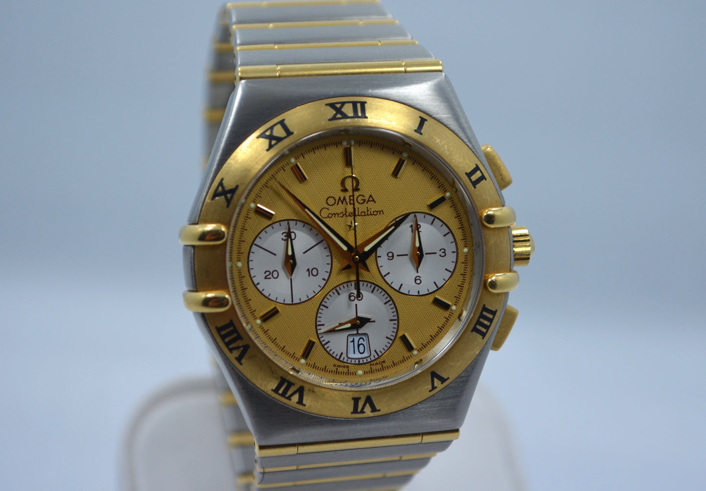 Omega Constellation Two Tone Chronograph Steel 18K Gold Full Bar Quartz Watch - Hashtag Watch Company