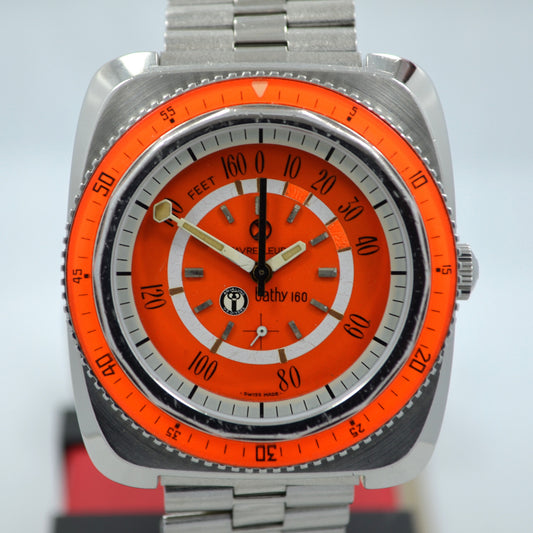 Vintage Favre Leuba Orange Bathy 160 Aqua Lung U.S. Divers Steel Watch - Hashtag Watch Company
