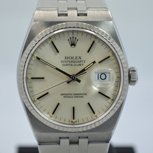 Vintage Rolex Oysterquartz 17014 Datejust Steel 18K Wristwatch 1985 Box Papers "New Old Stock!" - Hashtag Watch Company