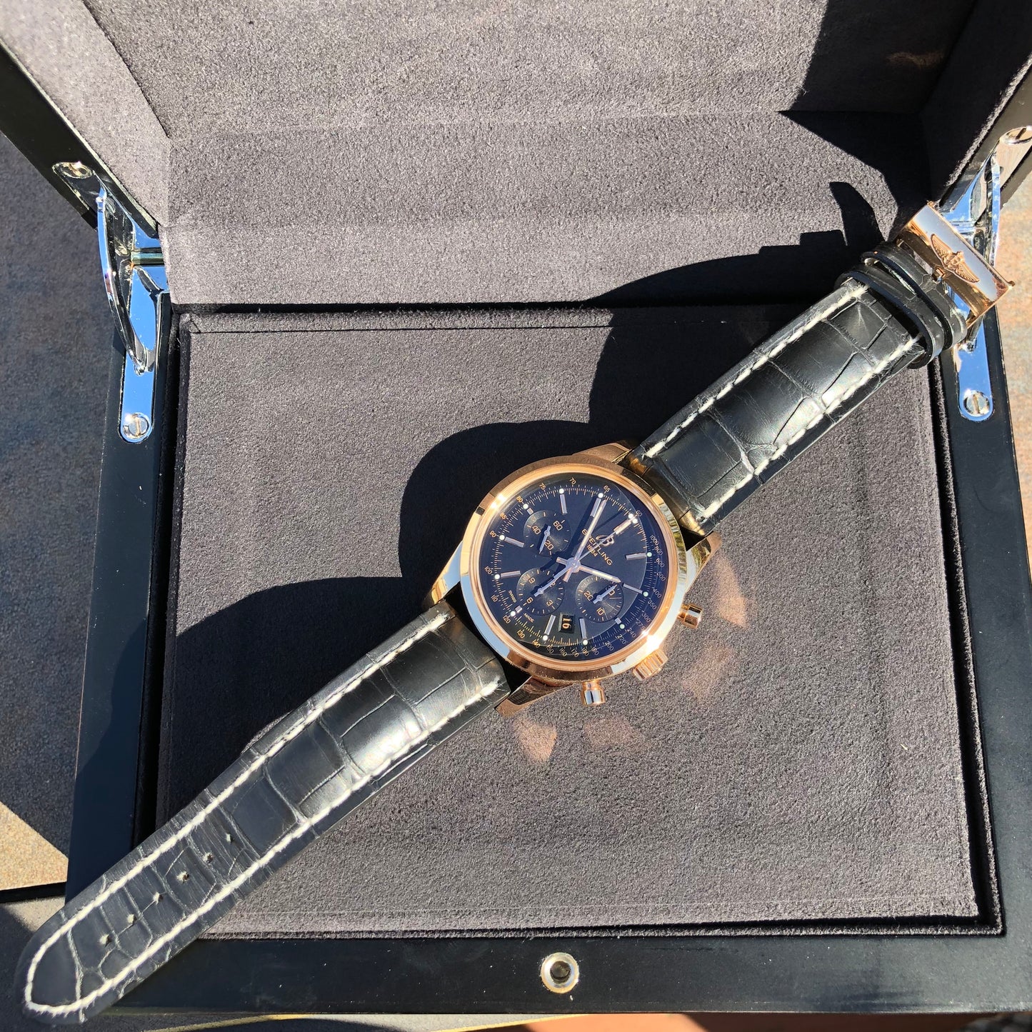 Breitling Transocean RB015212 18K Rose Gold Chronograph Black Dial Wristwatch Box Papers - Hashtag Watch Company