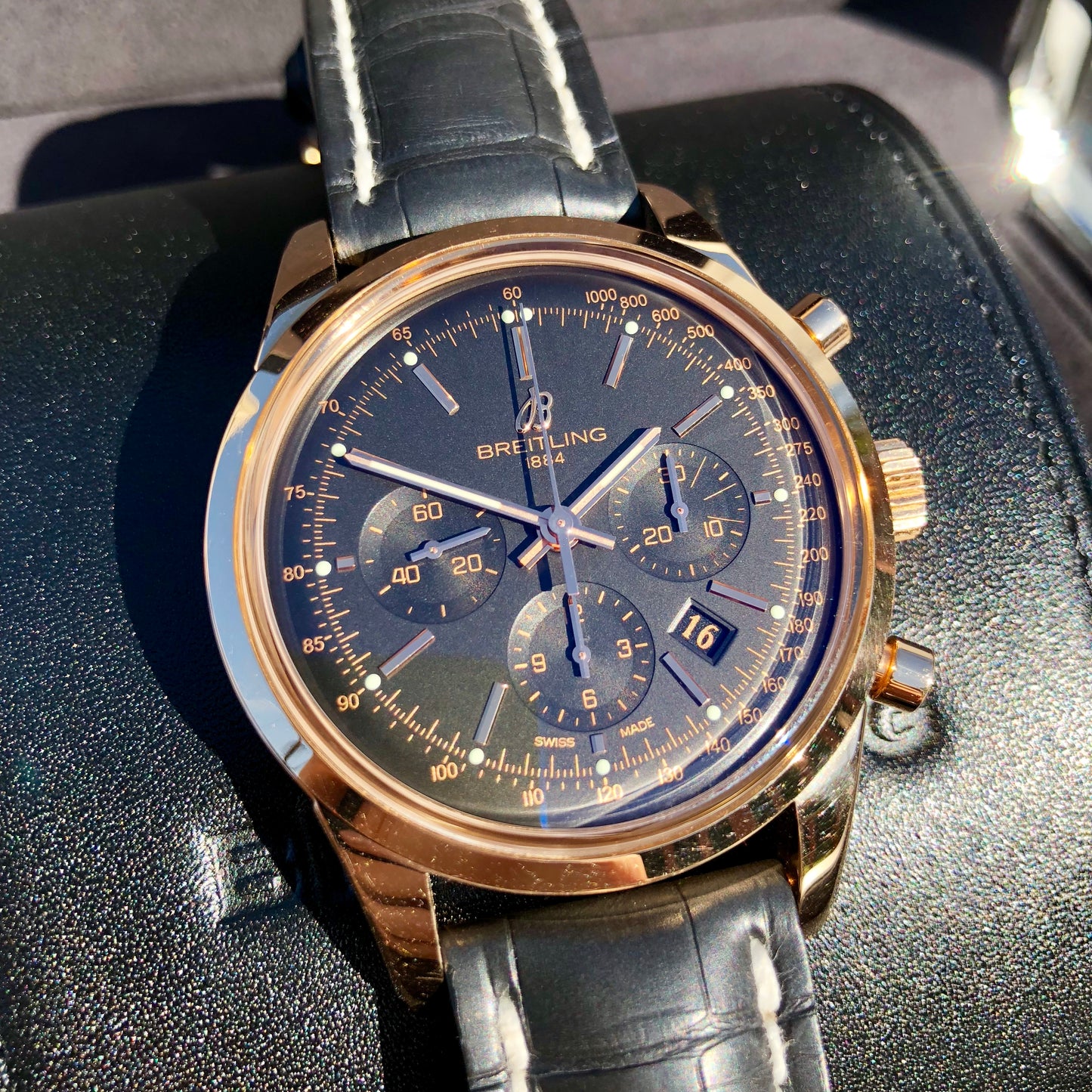 Breitling Transocean RB015212 18K Rose Gold Chronograph Black Dial Wristwatch Box Papers - Hashtag Watch Company
