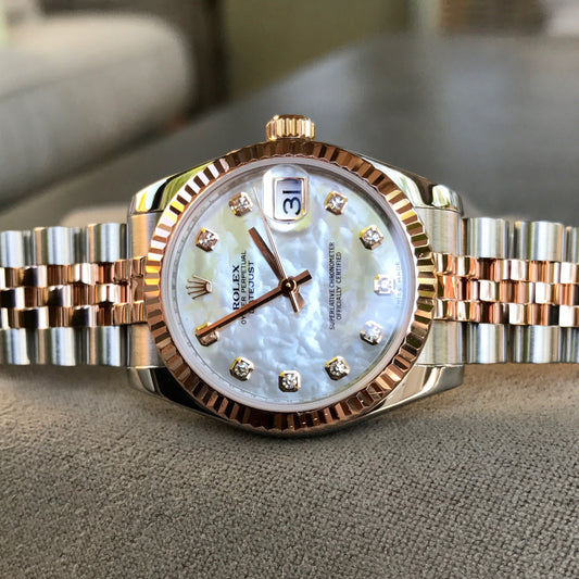 Rolex Datejust 178271 MOP Diamond Dial Midsize Steel Rose Gold Wristwatch Box Papers - Hashtag Watch Company