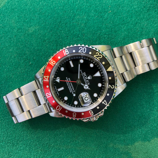 Rolex GMT Master II 16710 Stainless Steel Coke A Serial Wristwatch Box Papers Circa 1999 - Hashtag Watch Company